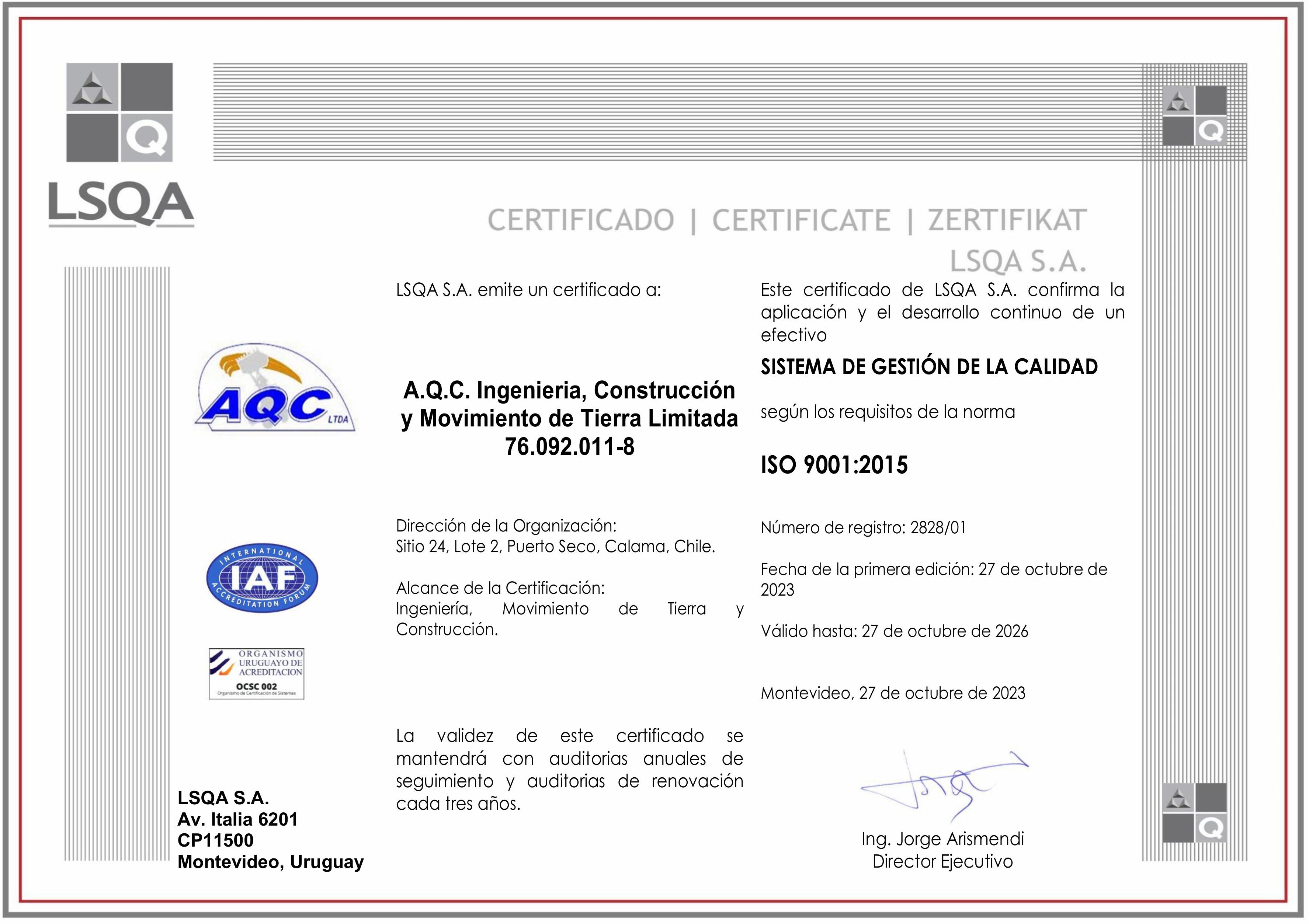 Certificado ISO 9001 AQC LTDA